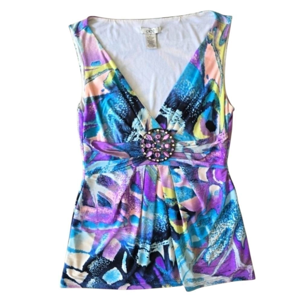 CACHÉ Vintage Y2K Vibrant Abstract Sleeveless V-Neck Top - Size S - Picture 2 of 4